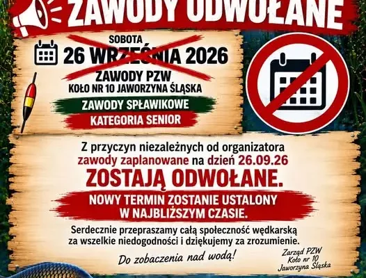 Odwołane zawody spławikowe PZW Koło nr 10 w Jaworzynie Śląskiej