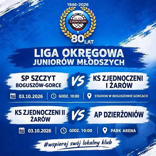 Juniorzy młodsi z Żarowa zagrają w sobotę dwa mecze ligowe