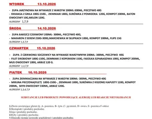 Jadłospis szkolny na tydzień 12–16 października 2026 r.