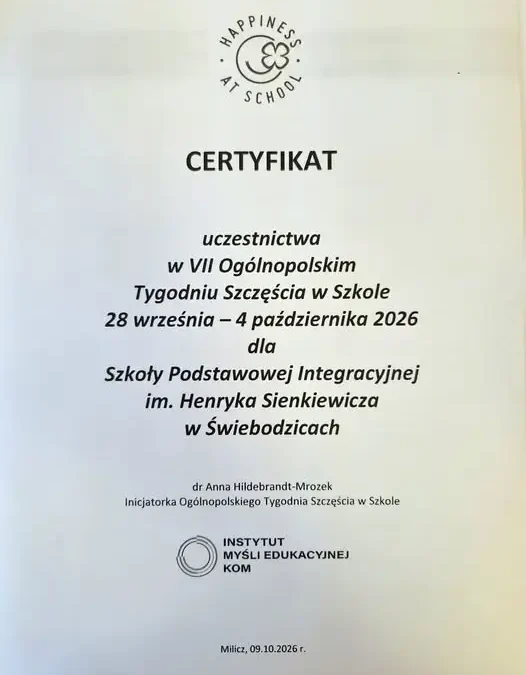 Szkoła w Świebodzicach z certyfikatem „Happiness at School”