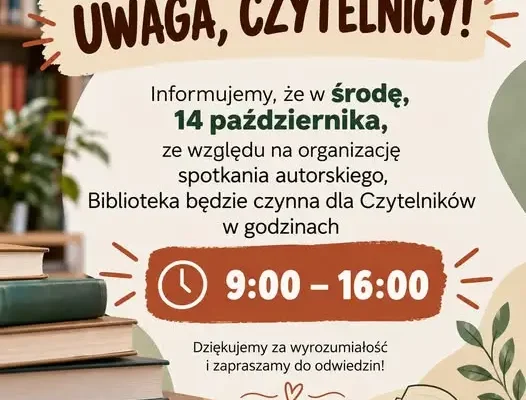 Biblioteka w Żarowie zmienia godziny pracy 14 października